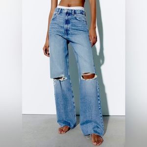 Zara Ripped Wide Leg Jeans in Navy